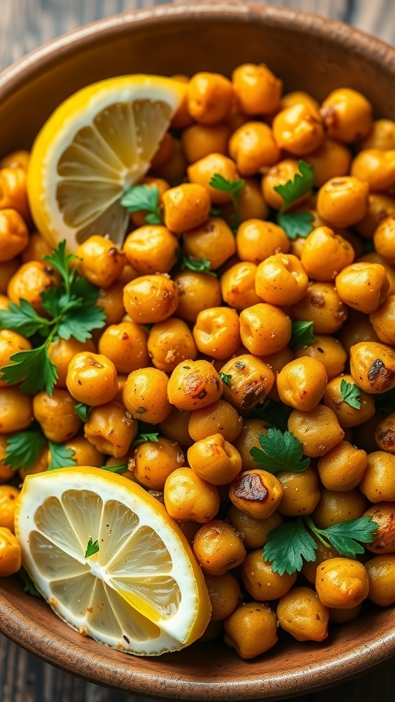 Crispy baked chickpeas seasoned with garlic and spices, garnished with parsley and lemon on a rustic plate.